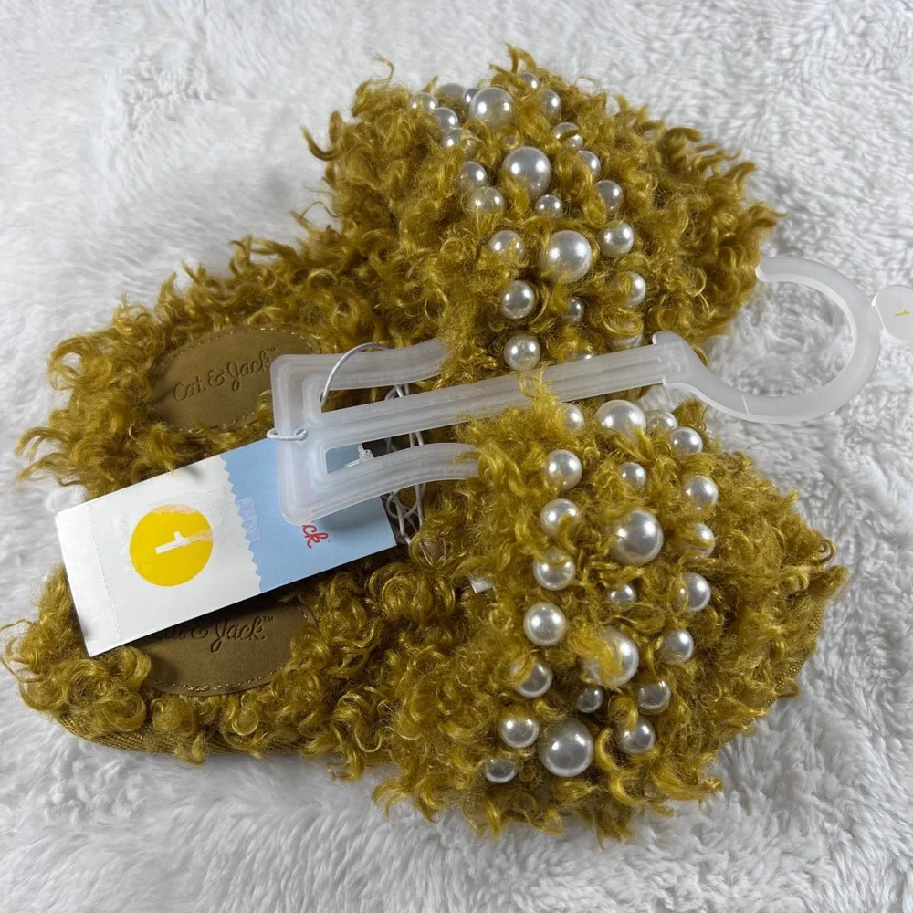 Cat Jack Toddler Girls Bear Slippers Size 1 Gold Faux‎ Fur Pearl Embellished NWT